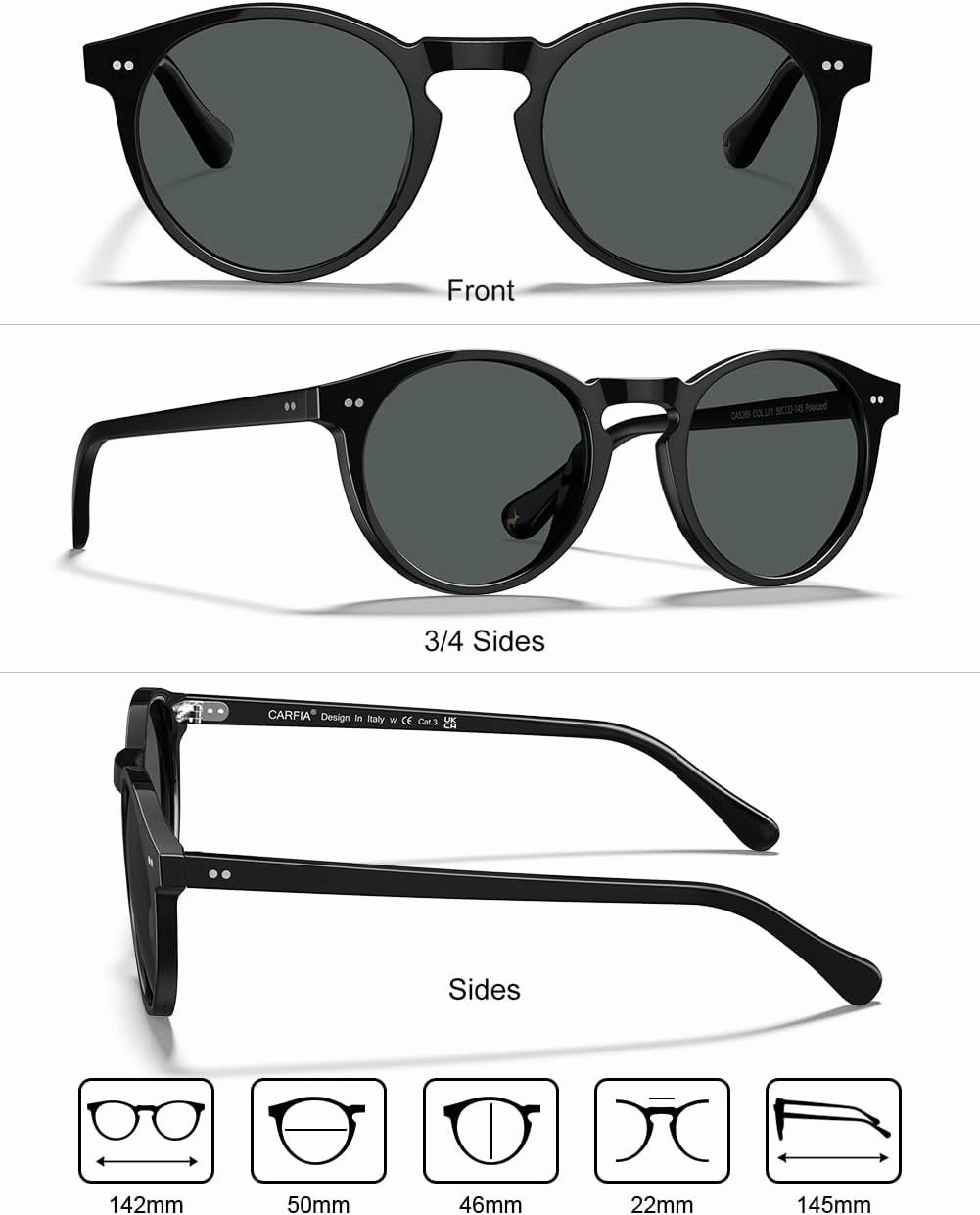 CARFIA Round Acetate Mens Sunglasses Polarized UV Protection Classic Retro Sun Glasses CA5289L
