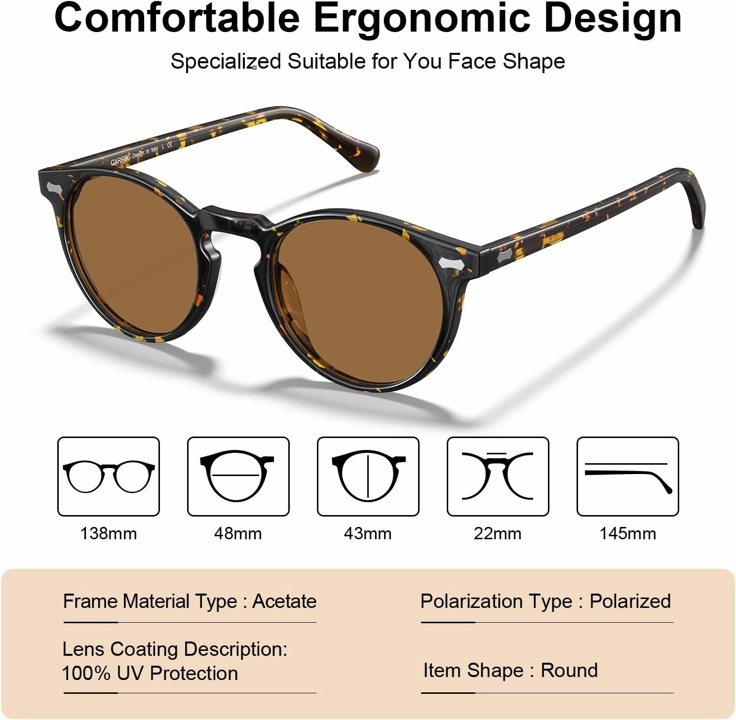 CARFIA Round Acetate Polarized Sunglasses for Women Small Face UV Protection with Leather Case CA5288