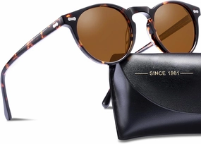 CARFIA Round Acetate Polarized Sunglasses for Women Small Face UV Protection with Leather Case CA5288