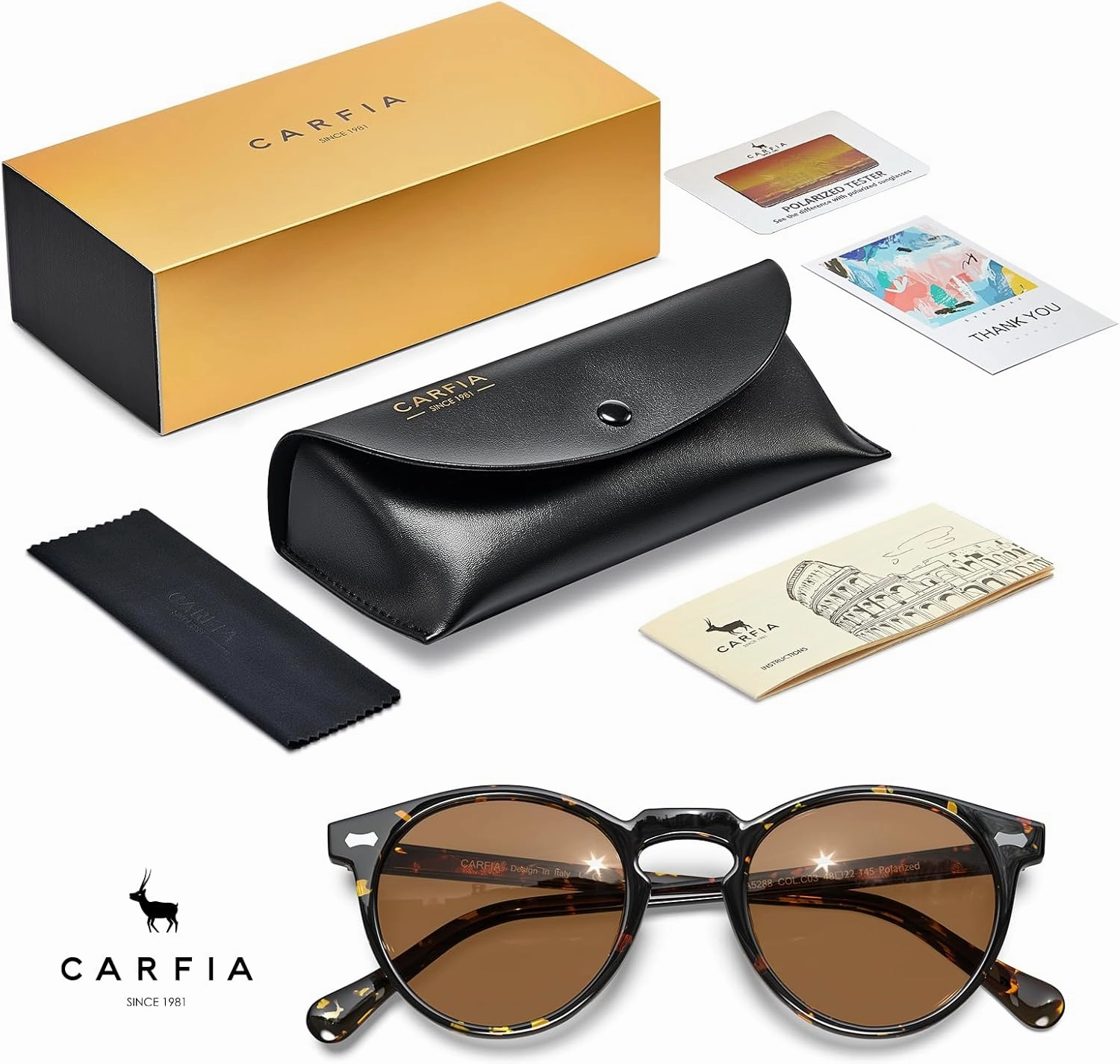 CARFIA Round Acetate Polarized Sunglasses for Women Small Face UV Protection with Leather Case CA5288
