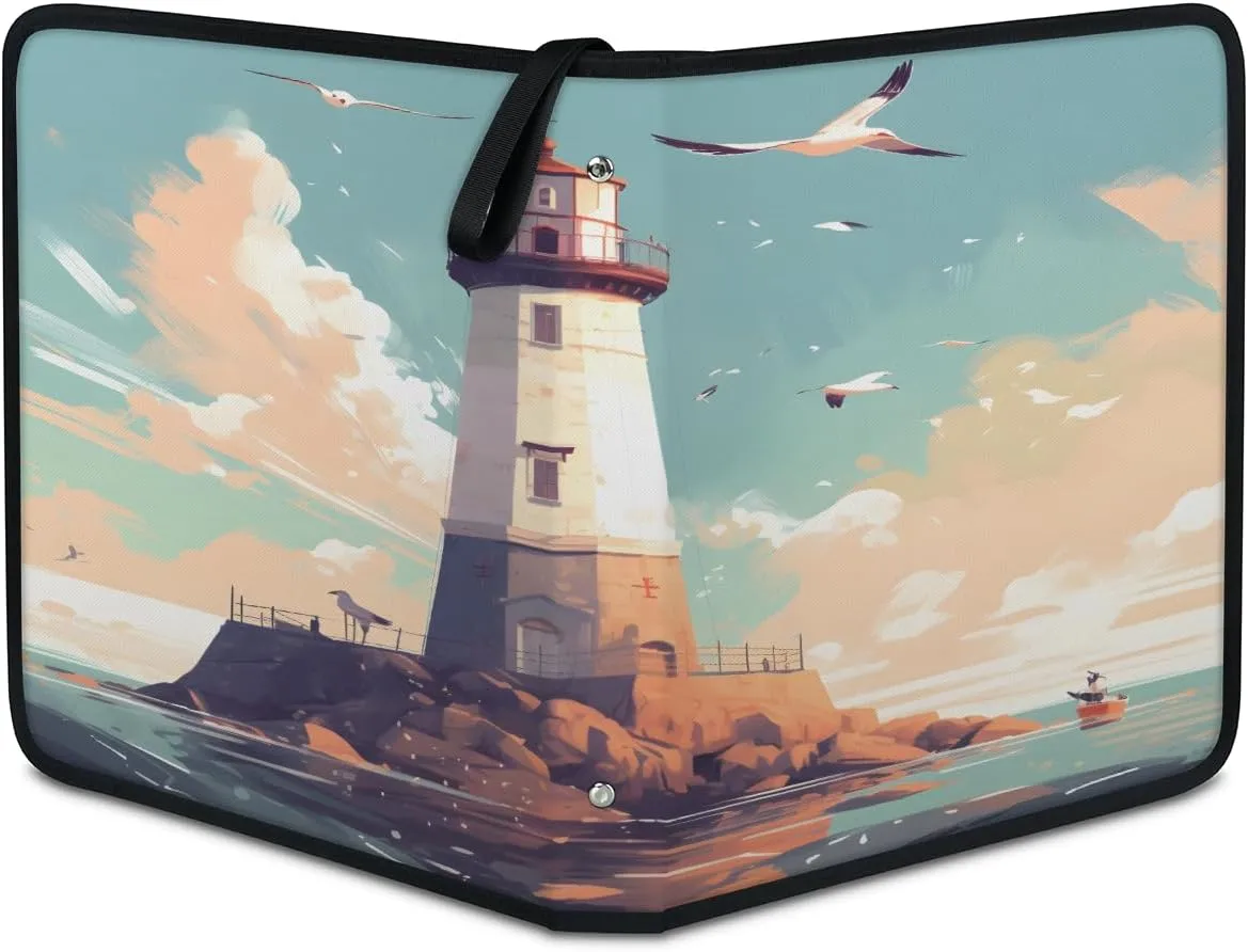 Cartoon Lighthouse 3 Ring Trading Zipper Binder Strap, Trading Card Binder 9 Pocket, 900 Pockets Card Holder with 50 Removable Sleeves for Game Cards