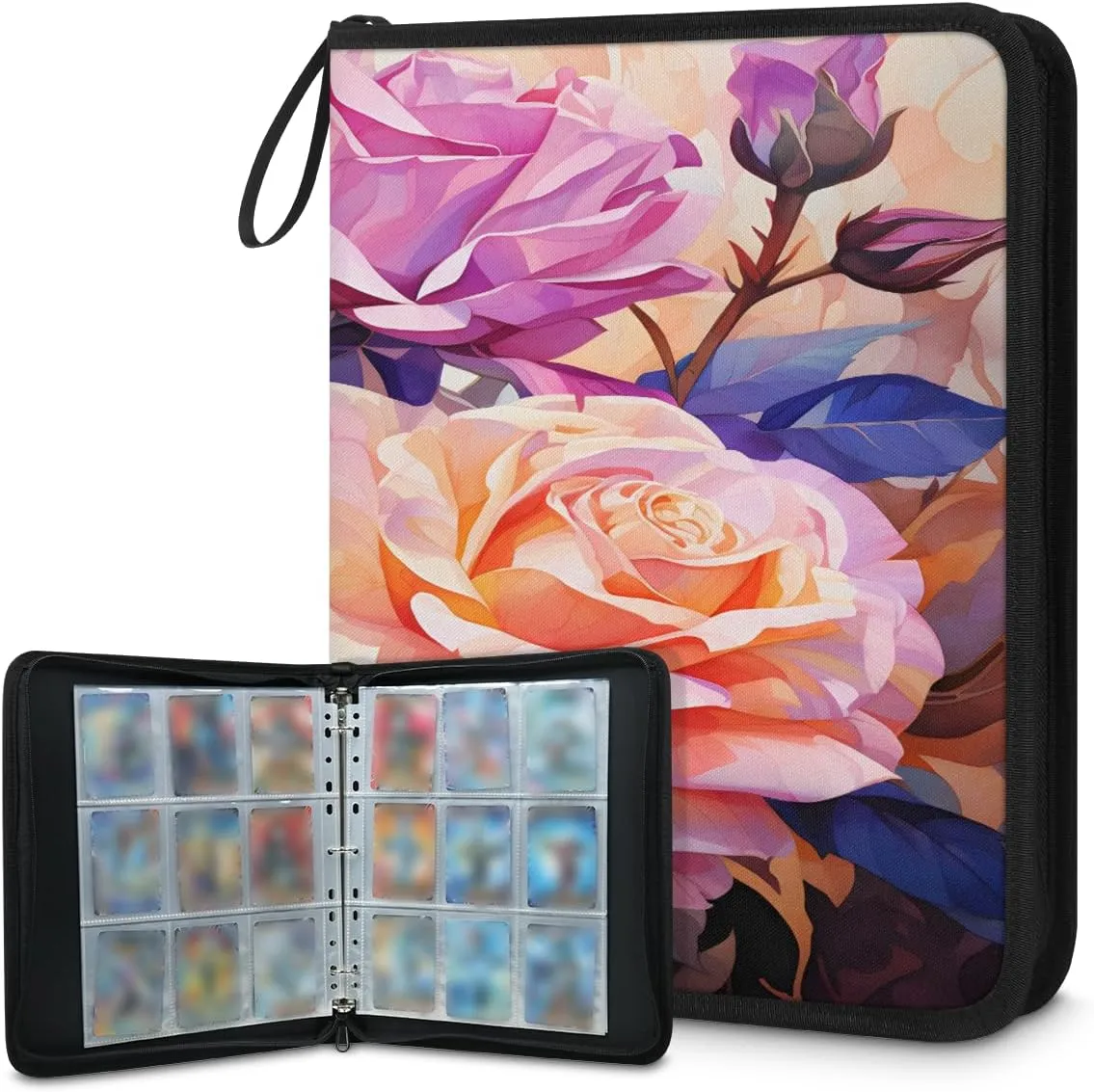 Cartoon Roses 3 Ring Trading Zipper Binder Strap, Trading Card Binder 4 Pocket, 400 Pockets Card Holder with 50 Removable Sleeves for Game Cards