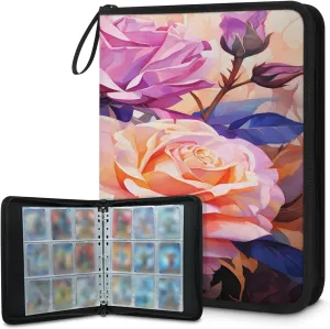 Cartoon Roses 3 Ring Trading Zipper Binder Strap, Trading Card Binder 4 Pocket, 400 Pockets Card Holder with 50 Removable Sleeves for Game Cards