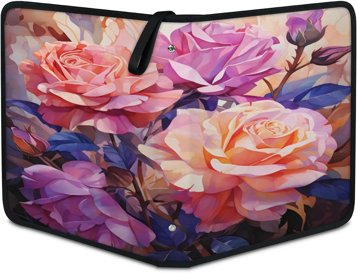 Cartoon Roses 3 Ring Trading Zipper Binder Strap, Trading Card Binder 4 Pocket, 400 Pockets Card Holder with 50 Removable Sleeves for Game Cards