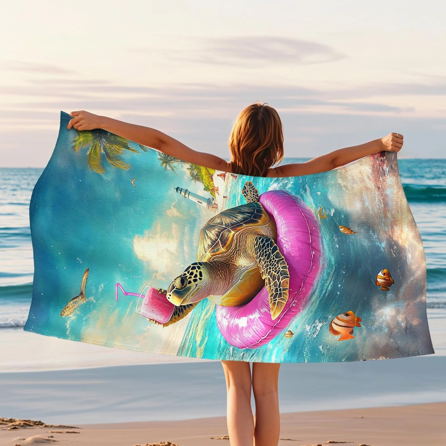 Cartoon Turtle Beach Towel Cute Colorful Turtle Print Microfiber Quick Dry Soft Sand Free Lightweight Bath Towel, Pool Picnic Essentials, Vacation Camping Travel 62x31 Inch