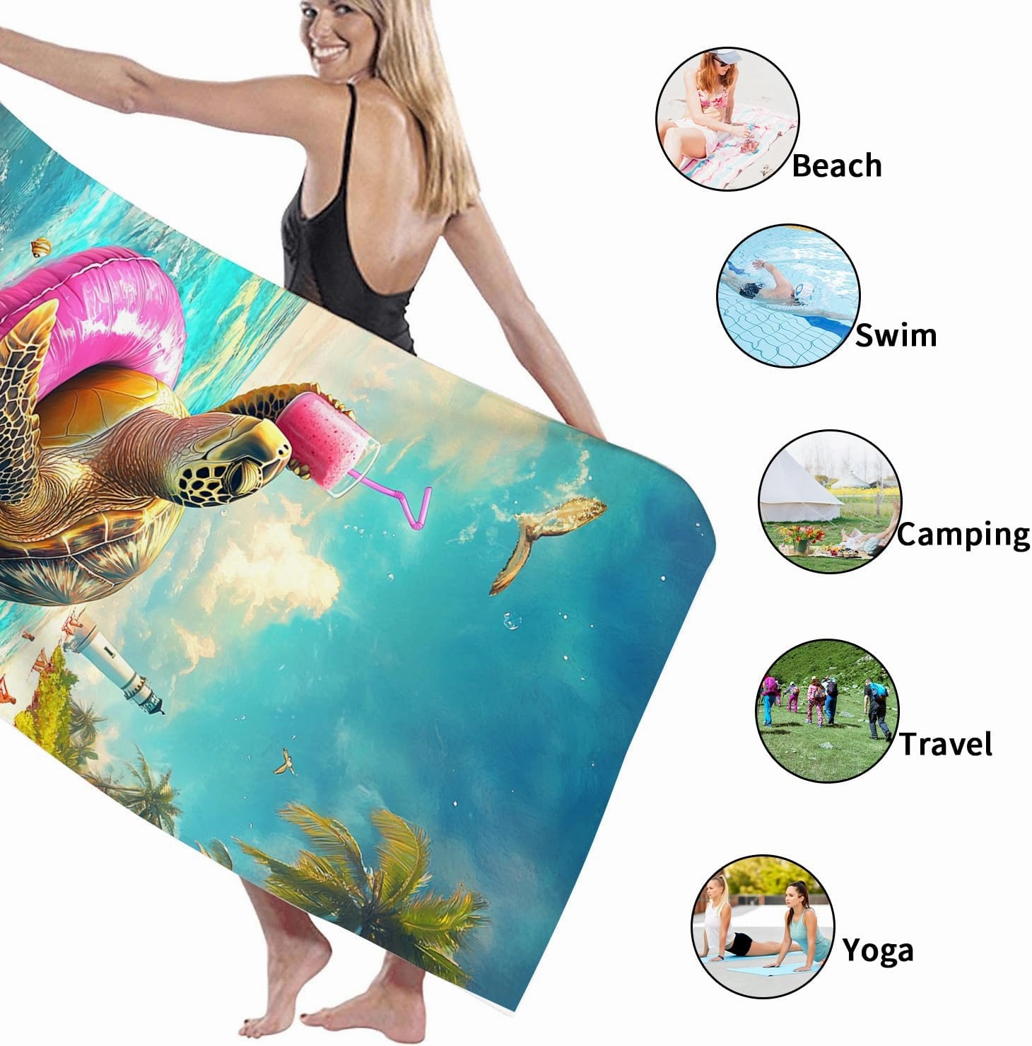 Cartoon Turtle Beach Towel Cute Colorful Turtle Print Microfiber Quick Dry Soft Sand Free Lightweight Bath Towel, Pool Picnic Essentials, Vacation Camping Travel 62x31 Inch