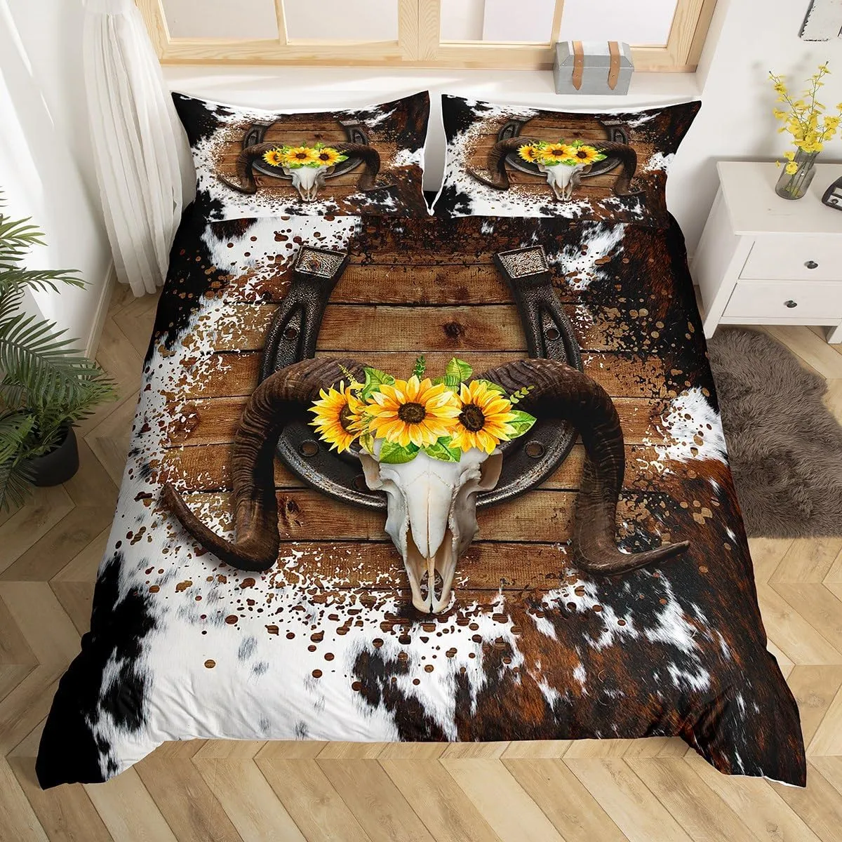 Castle Fairy Bull Head Cowhide Duvet Cover King Size,Rustic Horseshoe Western Tropical Sunflowers Cow Print Comforter Cover (Not Comforter),Western Farmhouse Style Super Soft Bedding Bedroom Decor