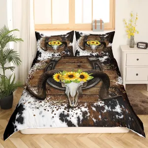 Castle Fairy Bull Head Cowhide Duvet Cover King Size,Rustic Horseshoe Western Tropical Sunflowers Cow Print Comforter Cover (Not Comforter),Western Farmhouse Style Super Soft Bedding Bedroom Decor