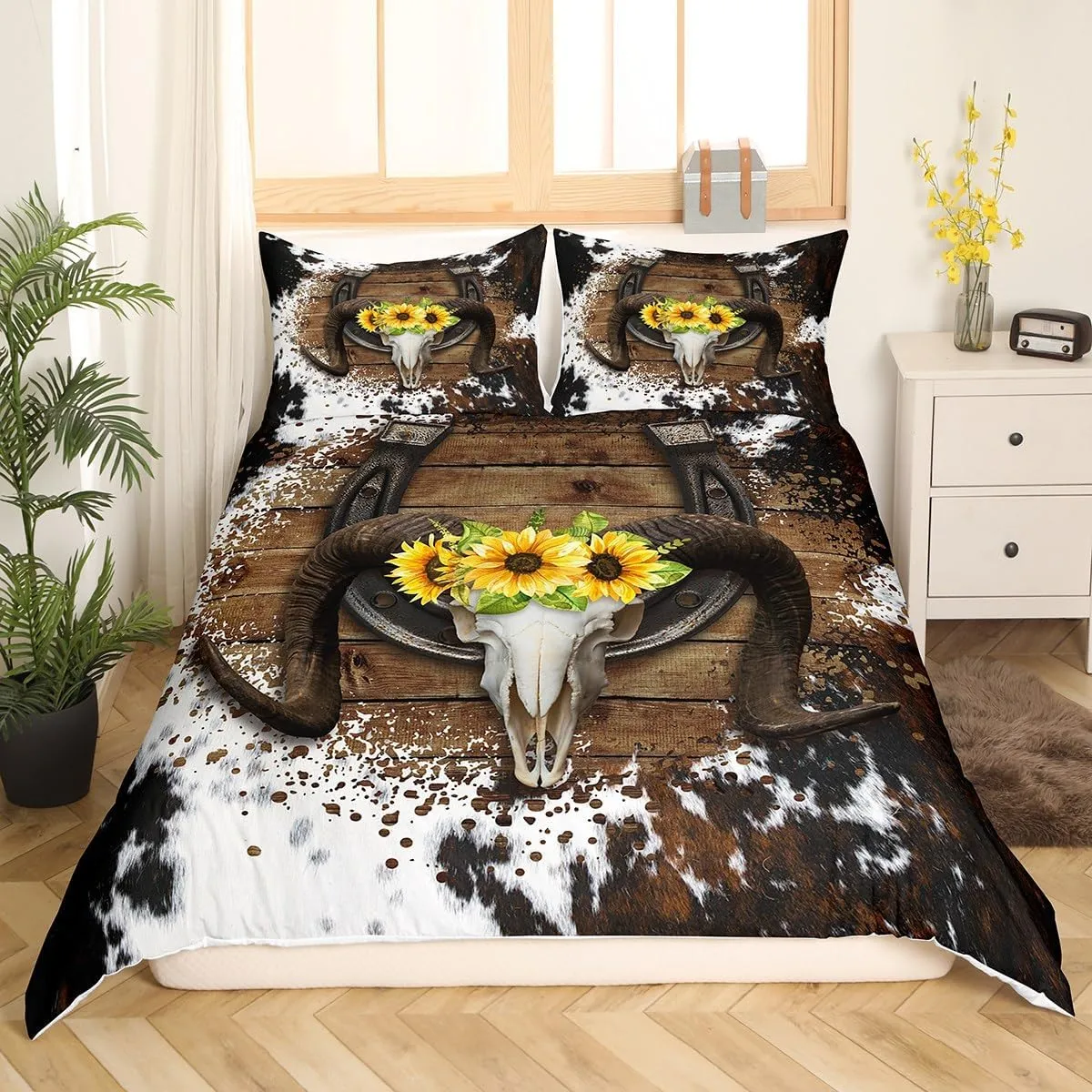 Castle Fairy Bull Head Cowhide Duvet Cover King Size,Rustic Horseshoe Western Tropical Sunflowers Cow Print Comforter Cover (Not Comforter),Western Farmhouse Style Super Soft Bedding Bedroom Decor