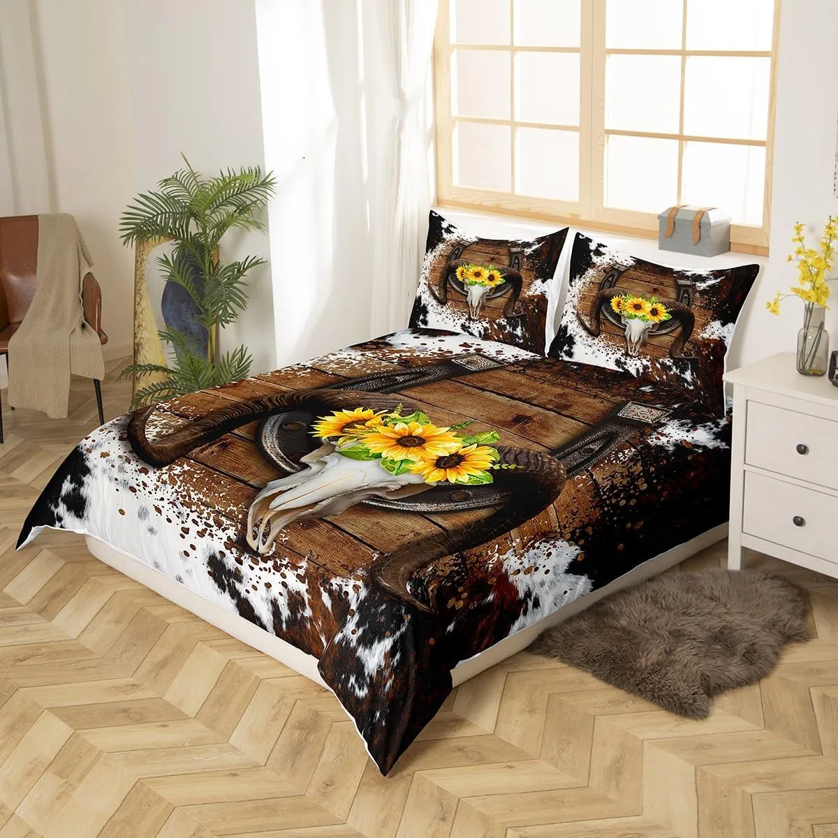 Castle Fairy Bull Head Cowhide Duvet Cover King Size,Rustic Horseshoe Western Tropical Sunflowers Cow Print Comforter Cover (Not Comforter),Western Farmhouse Style Super Soft Bedding Bedroom Decor