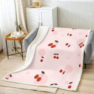 Castle Fairy Cute Cherry Berry Throw Blankets,Cartoon Sweet Fruits Blankets for Kids Girls Teens Women Bedroom Decor Pink Fleece Blanket Lovely Delicious Food Sherpa Blanket,for Chair/Sofa,50"x60"