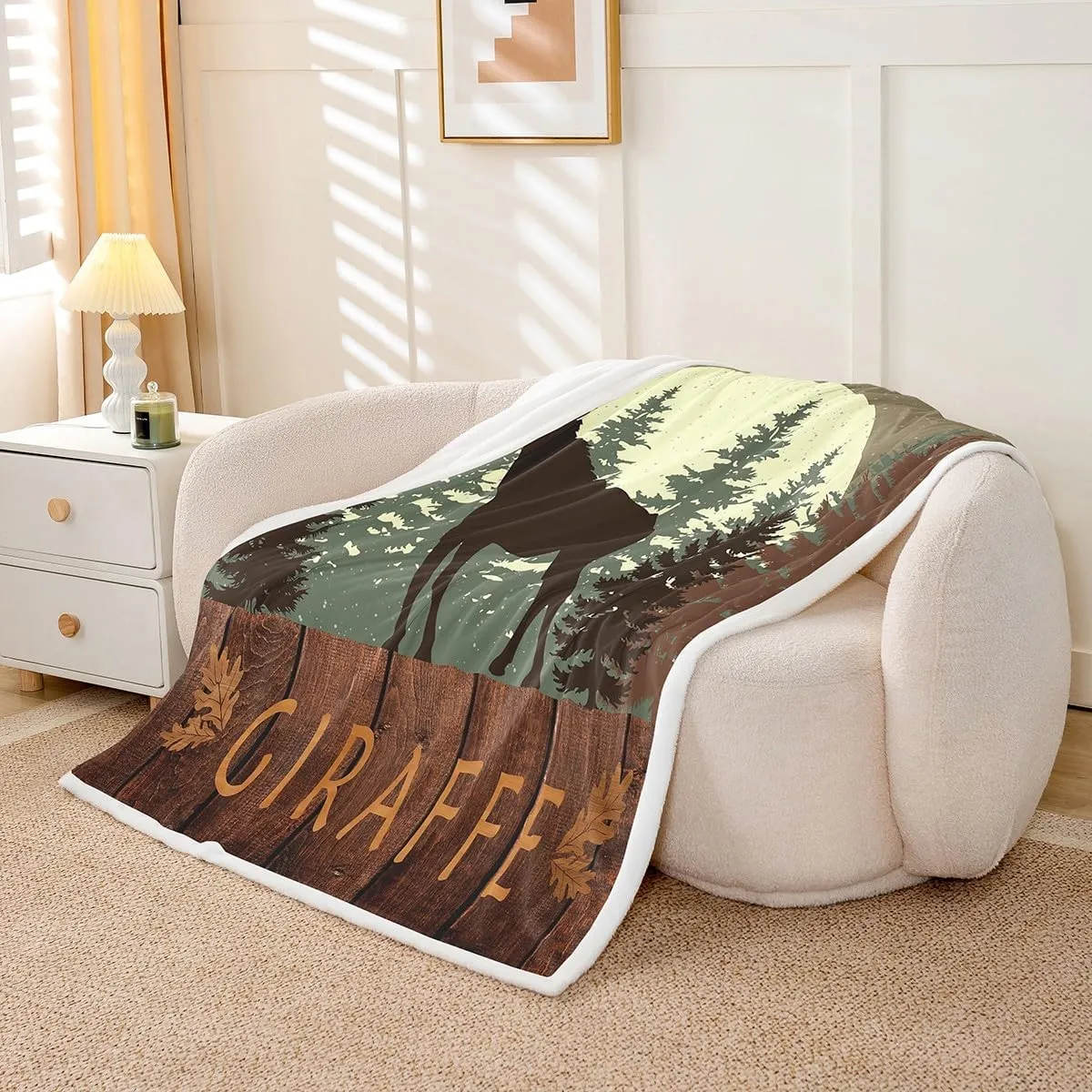 Castle Fairy Cute Giraffe Throw Blanket Queen Lodge Cabin Jungle Rustic Style Fleece Blanket for Kids Teens Adults Wild Animal Pine Trees Bed Blanket for Couch Bed Party
