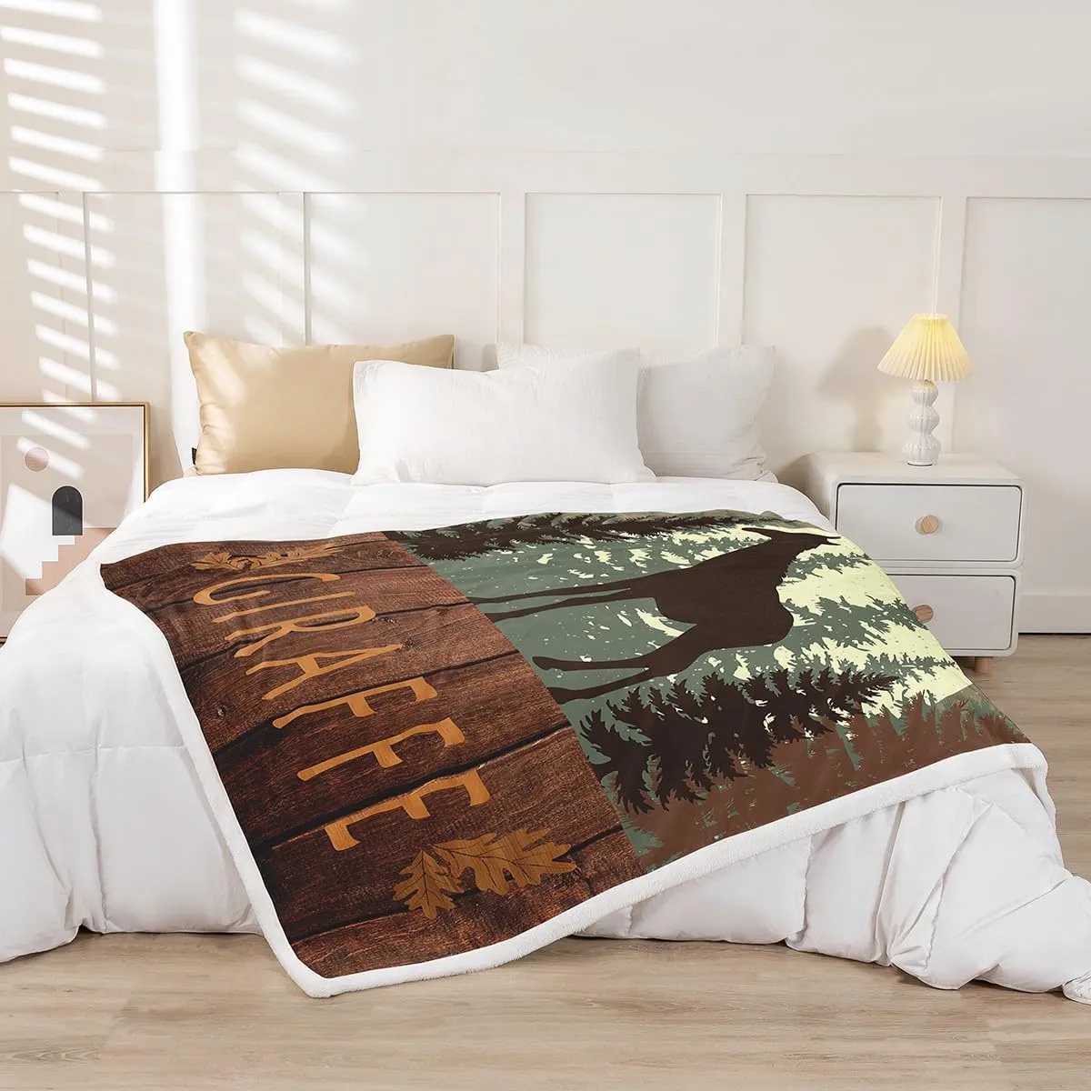 Castle Fairy Cute Giraffe Throw Blanket Queen Lodge Cabin Jungle Rustic Style Fleece Blanket for Kids Teens Adults Wild Animal Pine Trees Bed Blanket for Couch Bed Party