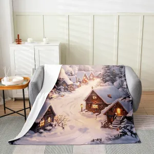 Castle Fairy Farmhouse Throw Blanket Winter Theme Christmas Rustic Style Fleece Blanket for Kids Teens Adults Retro Wood Cabin Jungle Pine Tree Flannel Blanket for Housewarming Twin 60x80