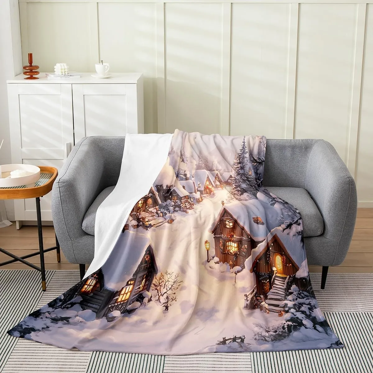 Castle Fairy Farmhouse Throw Blanket Winter Theme Christmas Rustic Style Fleece Blanket for Kids Teens Adults Retro Wood Cabin Jungle Pine Tree Flannel Blanket for Housewarming Twin 60x80