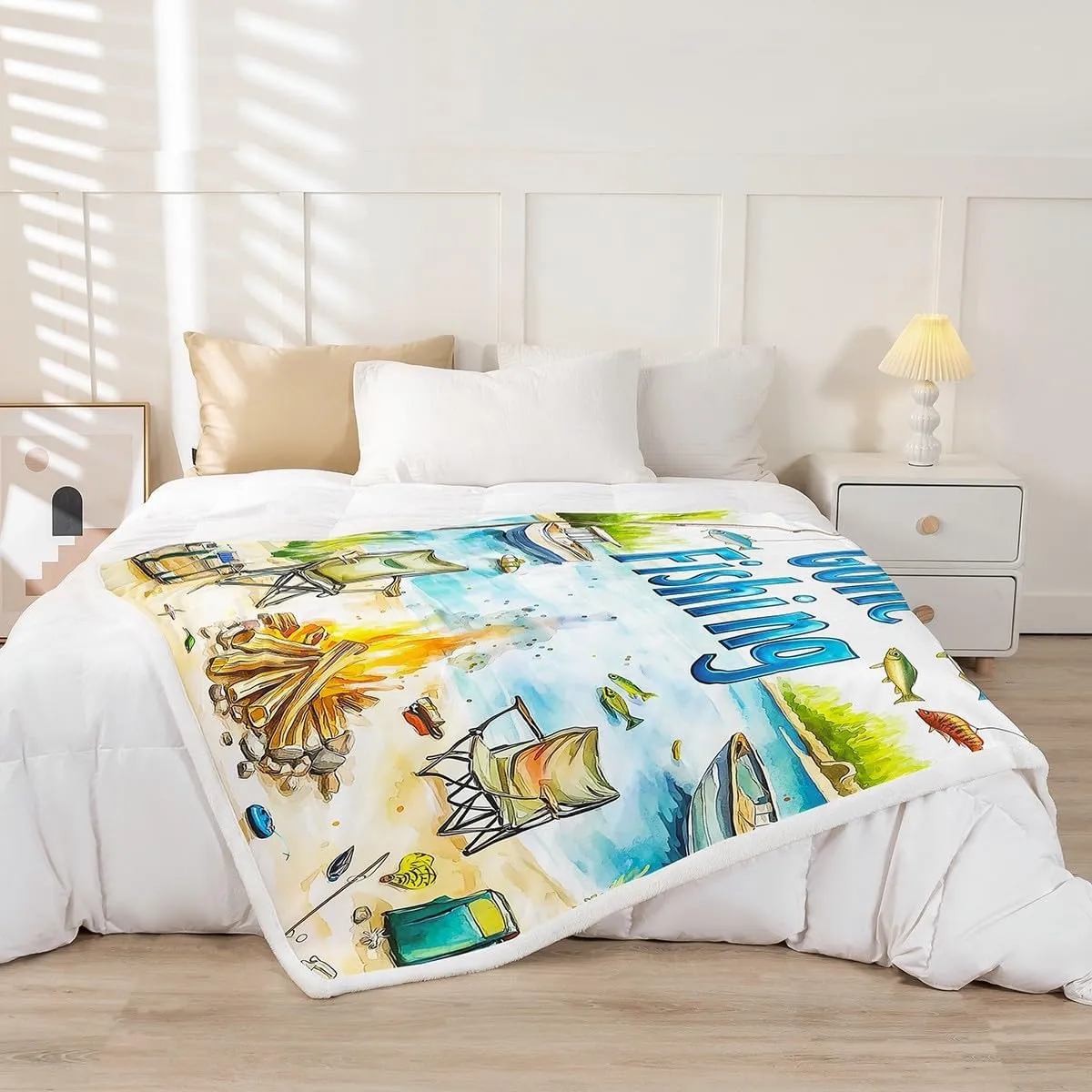 Castle Fairy Lakeside Fishing Fleece Flannel Blanket,Outdoor Camping Adventure Bed Blanket for Bed Sofa Couch,60"x80"Kids Boys Coastal Boat Bed Plush Blanket,Fisherman Fishing Lightweight Blanket