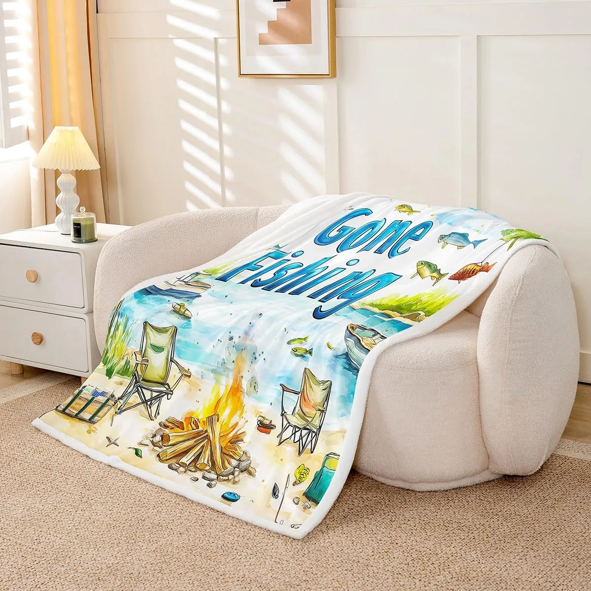 Castle Fairy Lakeside Fishing Fleece Flannel Blanket,Outdoor Camping Adventure Bed Blanket for Bed Sofa Couch,60"x80"Kids Boys Coastal Boat Bed Plush Blanket,Fisherman Fishing Lightweight Blanket