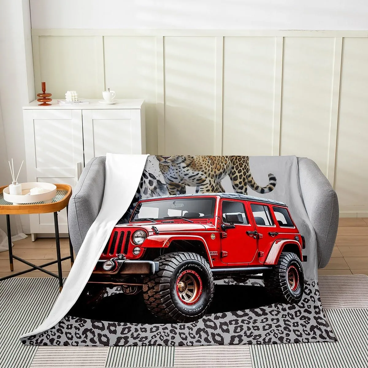 Castle Fairy Red Off-Road Vehicle Throw Blanket Queen Leopard Print Watercolor Jungle Wild Animal Fleece Blanket for Kids Boys Teens Adults 3D Modern Vehicle Flannel Blanket for Sofa