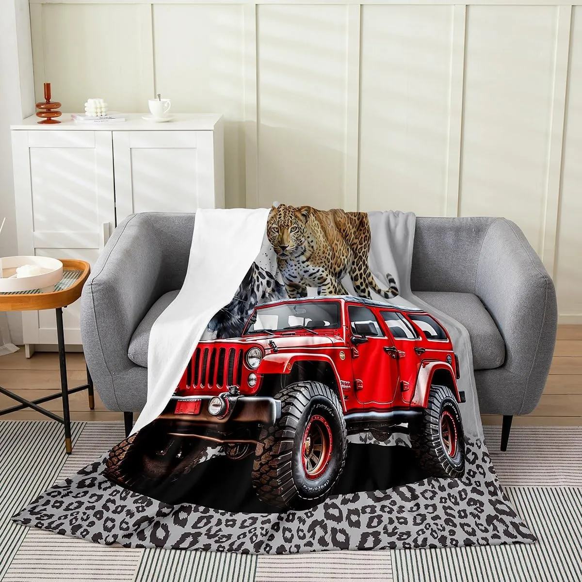 Castle Fairy Red Off-Road Vehicle Throw Blanket Queen Leopard Print Watercolor Jungle Wild Animal Fleece Blanket for Kids Boys Teens Adults 3D Modern Vehicle Flannel Blanket for Sofa
