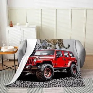 Castle Fairy Red Off-Road Vehicle Throw Blanket Queen Leopard Print Watercolor Jungle Wild Animal Fleece Blanket for Kids Boys Teens Adults 3D Modern Vehicle Flannel Blanket for Sofa