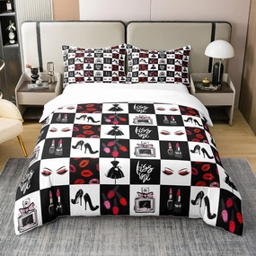 Castle Fairy 100% Cotton High Heels Skirt Bedding Set King Size Fashion Lady Red Lips Eyelash Duvet Cover for Bedroom Decor Geometric Splicing Comforter Cover with 2 Pillowcases(No Comforter)