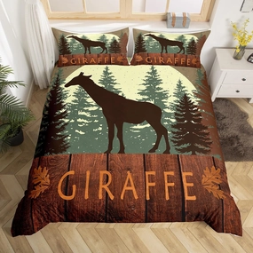 Castle Fairy Cute Giraffe Duvet Cover Full Size 3 Pcs,Lodge Cabin Jungle Rustic Style Bedding Sets for Kids Teens Adults,Wild Animal Pine Trees Quilt Cover with 2 Pillowcases(No Comforter)