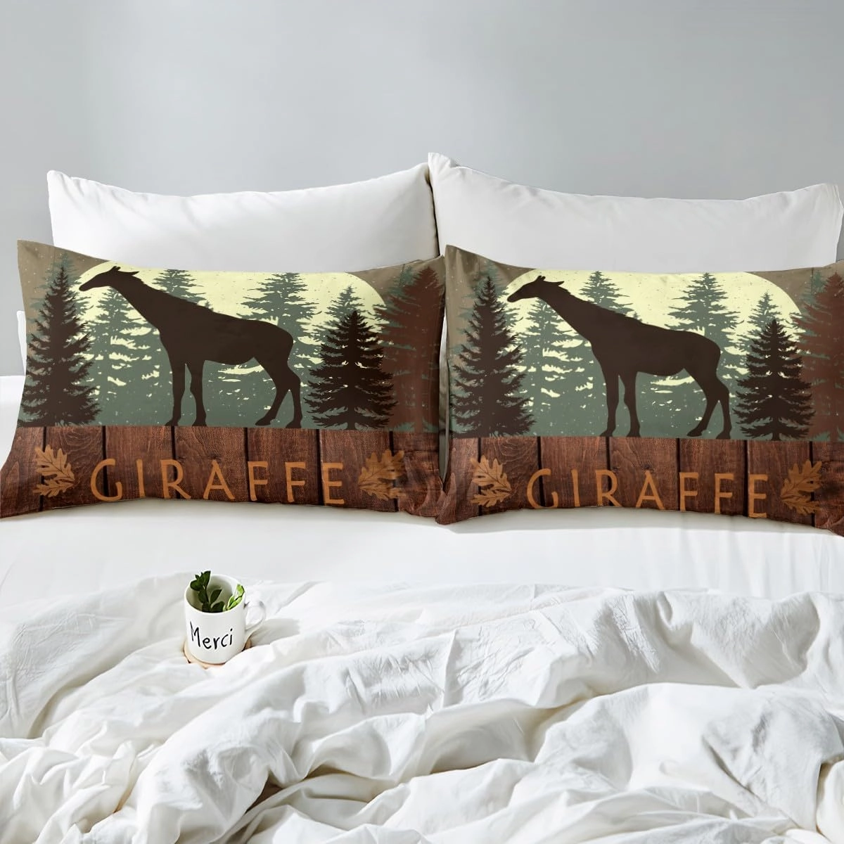 Castle Fairy Cute Giraffe Duvet Cover Full Size 3 Pcs,Lodge Cabin Jungle Rustic Style Bedding Sets for Kids Teens Adults,Wild Animal Pine Trees Quilt Cover with 2 Pillowcases(No Comforter)