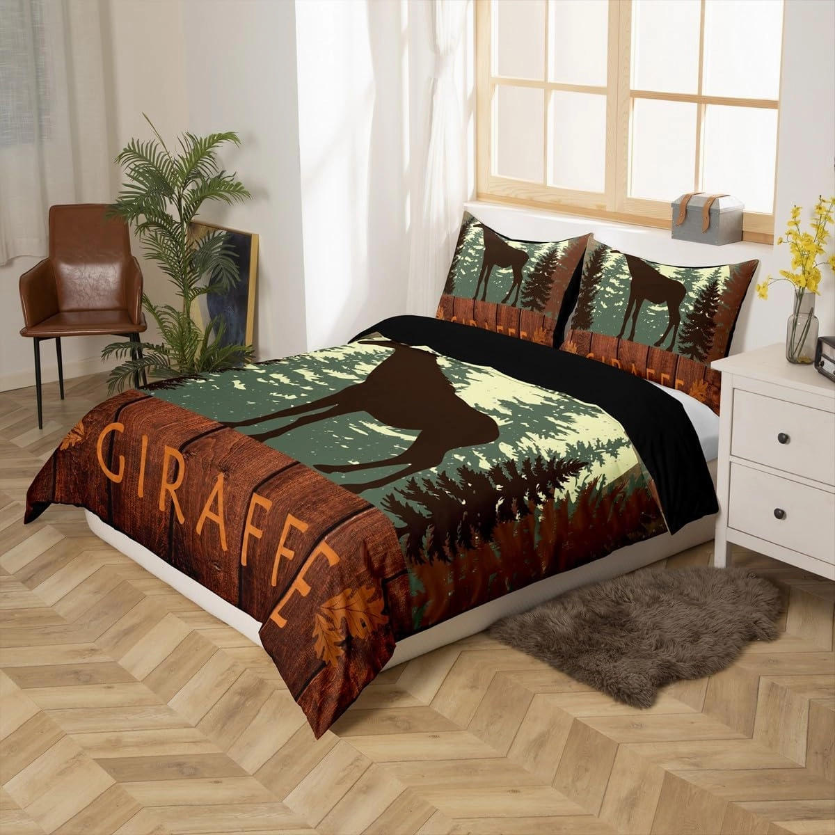 Castle Fairy Cute Giraffe Duvet Cover Full Size 3 Pcs,Lodge Cabin Jungle Rustic Style Bedding Sets for Kids Teens Adults,Wild Animal Pine Trees Quilt Cover with 2 Pillowcases(No Comforter)