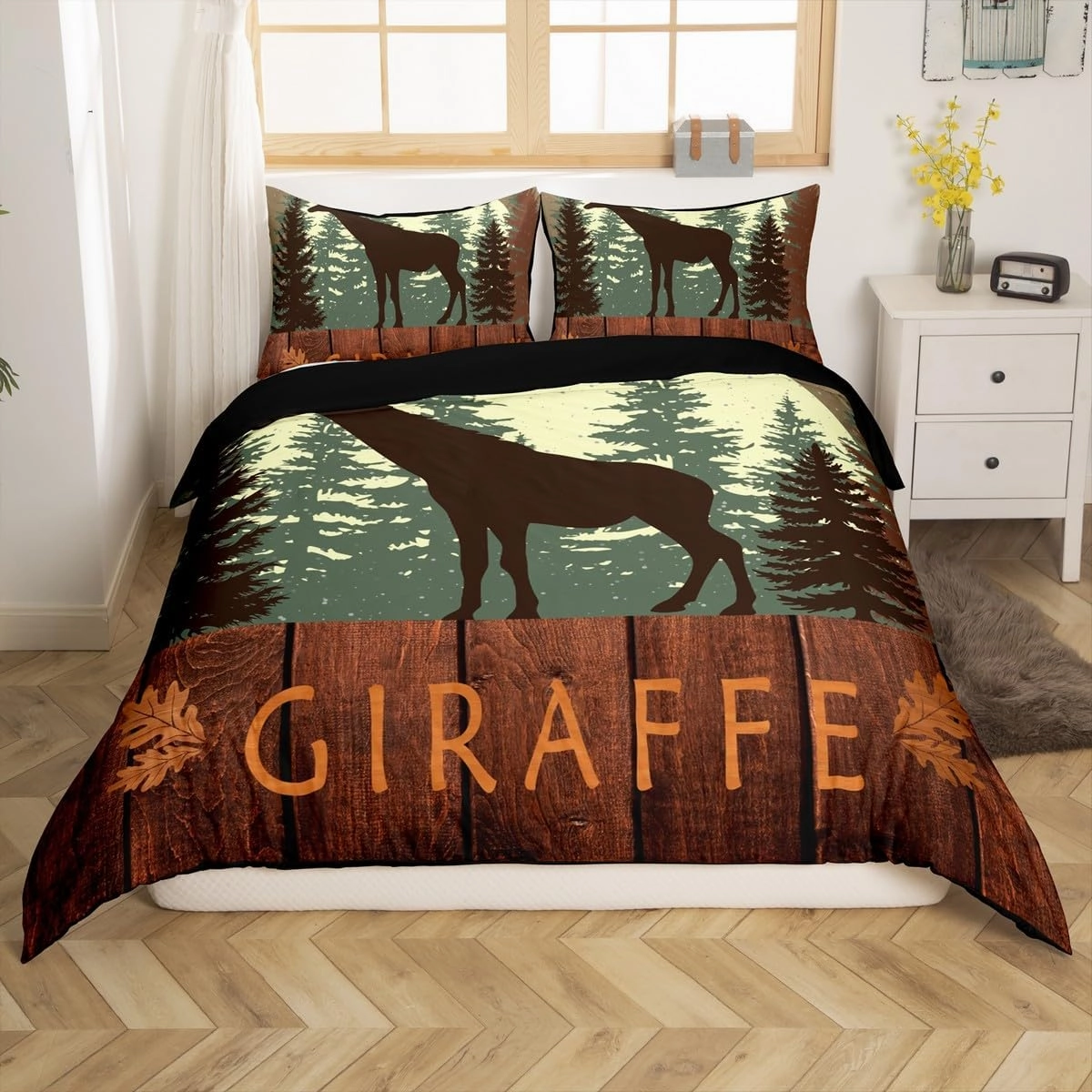 Castle Fairy Cute Giraffe Duvet Cover Full Size 3 Pcs,Lodge Cabin Jungle Rustic Style Bedding Sets for Kids Teens Adults,Wild Animal Pine Trees Quilt Cover with 2 Pillowcases(No Comforter)