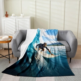 Castle Fairy Summer Surfing Fleece Blanket 3D Ocean Sea Wave Blanket for Kids Teens Present Extreme Sports Competition Throw Blanket Swimming Diving Throw 50x60 Inch Living Room Decor Flannel Blanket