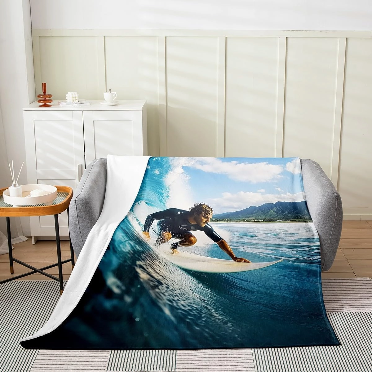Castle Fairy Summer Surfing Fleece Blanket 3D Ocean Sea Wave Blanket for Kids Teens Present Extreme Sports Competition Throw Blanket Swimming Diving Throw 50x60 Inch Living Room Decor Flannel Blanket
