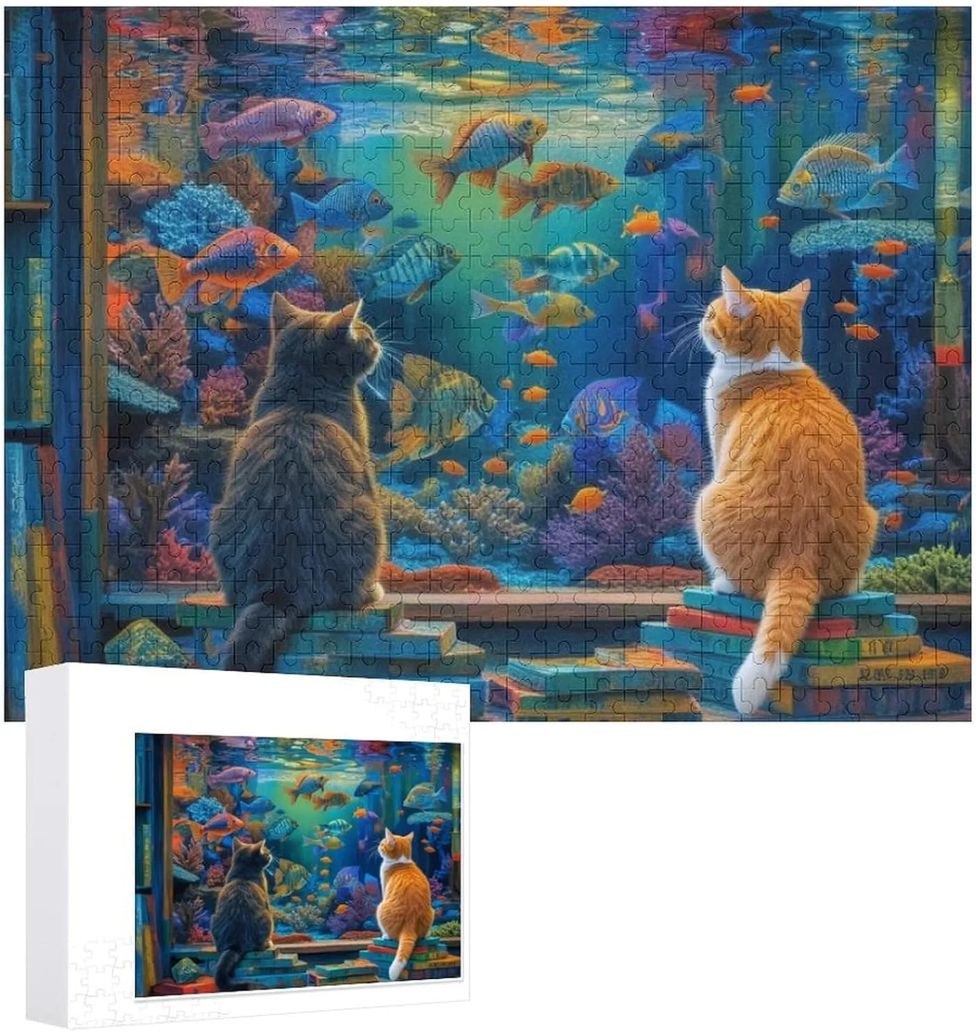 Cat and Fish Jigsaw Puzzle for Adults and Kids Challenging Puzzle Perfect for Game Nights 500 Piece Jigsaw Puzzle Gift for Family Wedding Graduation Friends