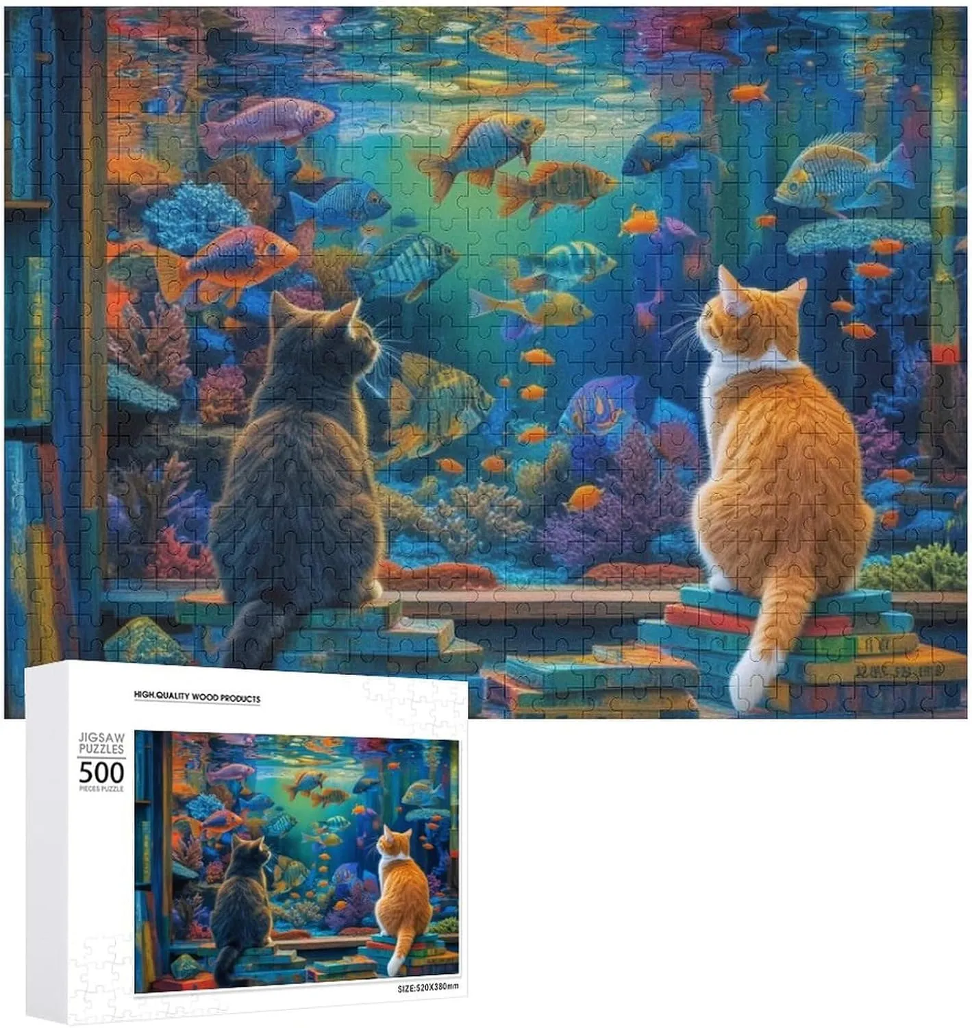 Cat and Fish Jigsaw Puzzle for Adults and Kids Challenging Puzzle Perfect for Game Nights 500 Piece Jigsaw Puzzle Gift for Family Wedding Graduation Friends
