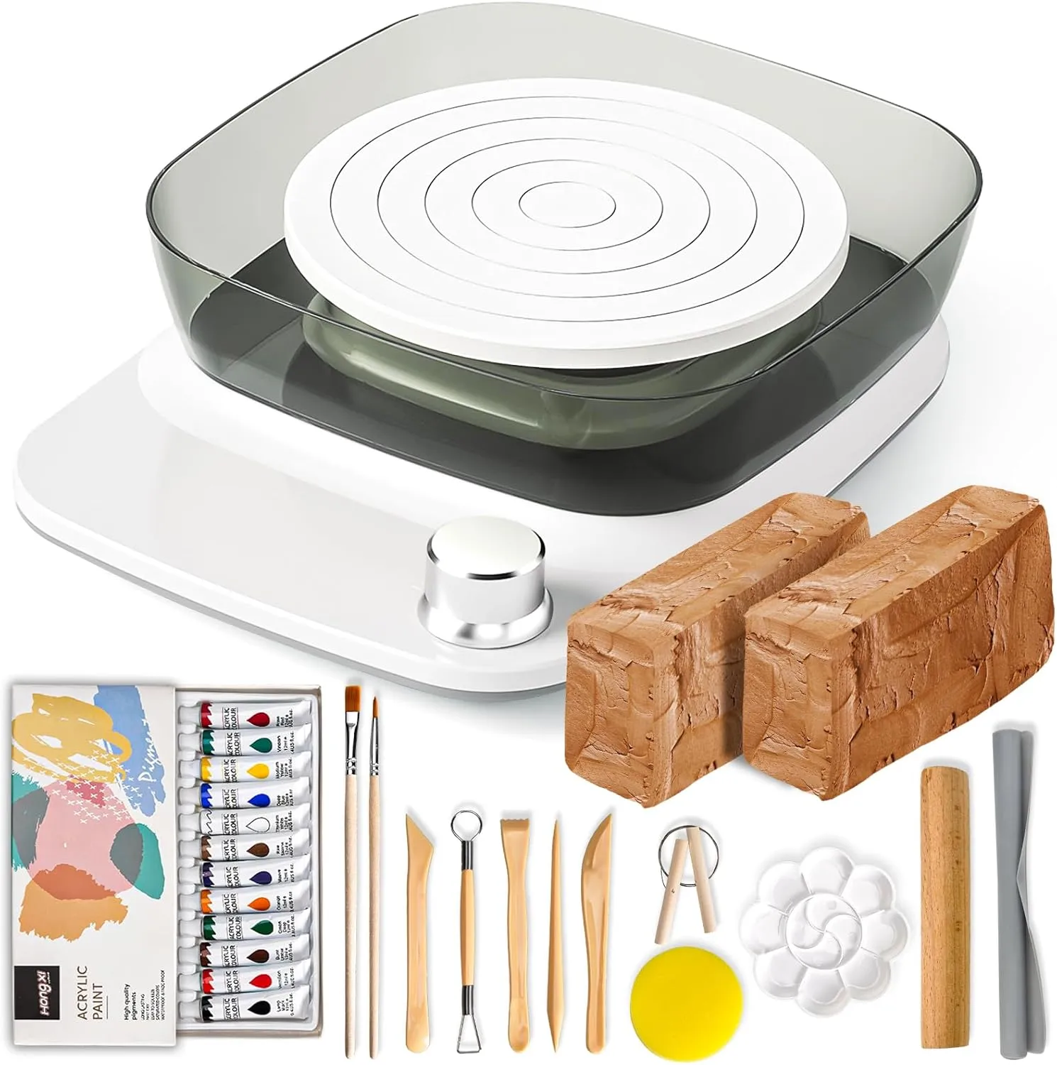 Catcrafter Mini Pottery Wheel for Kids - 6in Turntable, 0-440 RPM Speed Adjustable with Rechargeable Battery, 1.8 Lb Air Dry Clay, Pottery Tools and Art Supplies, Craft Kits for Kids and Teens (White)