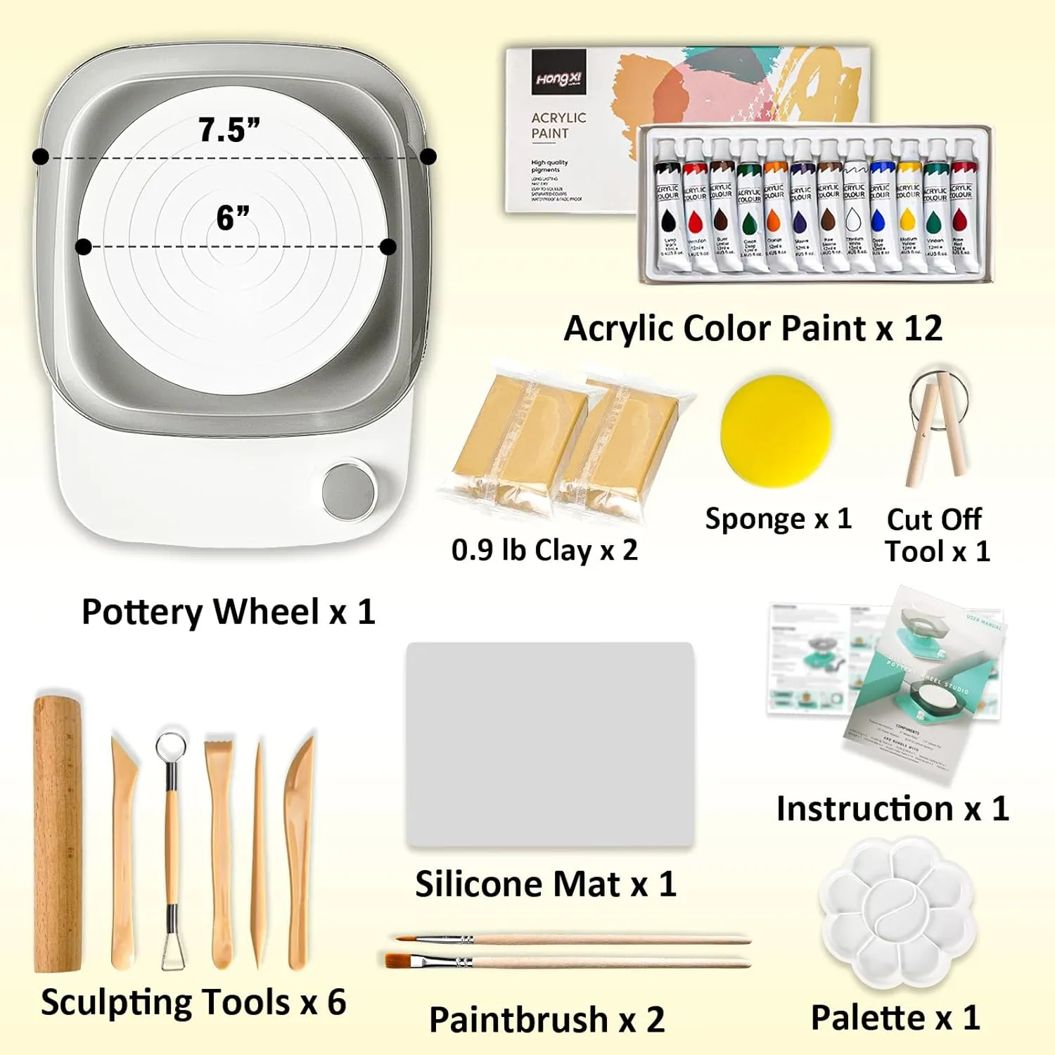 Catcrafter Mini Pottery Wheel for Kids - 6in Turntable, 0-440 RPM Speed Adjustable with Rechargeable Battery, 1.8 Lb Air Dry Clay, Pottery Tools and Art Supplies, Craft Kits for Kids and Teens (White)