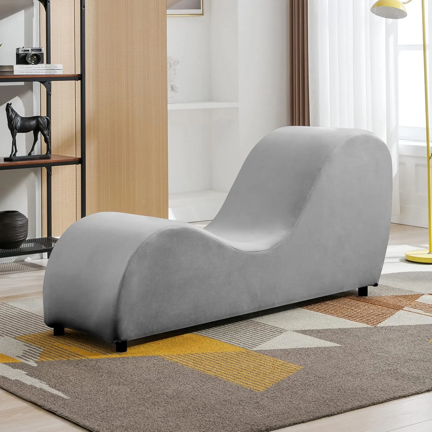 CECER Curved Chaise Lounge Chair for Yoga,Modern Velvet Yoga Chair for Stretching, Relaxing, Exercising, Chaise Lounge Indoor for Indoor Living Room,Bedroom-Light Grey