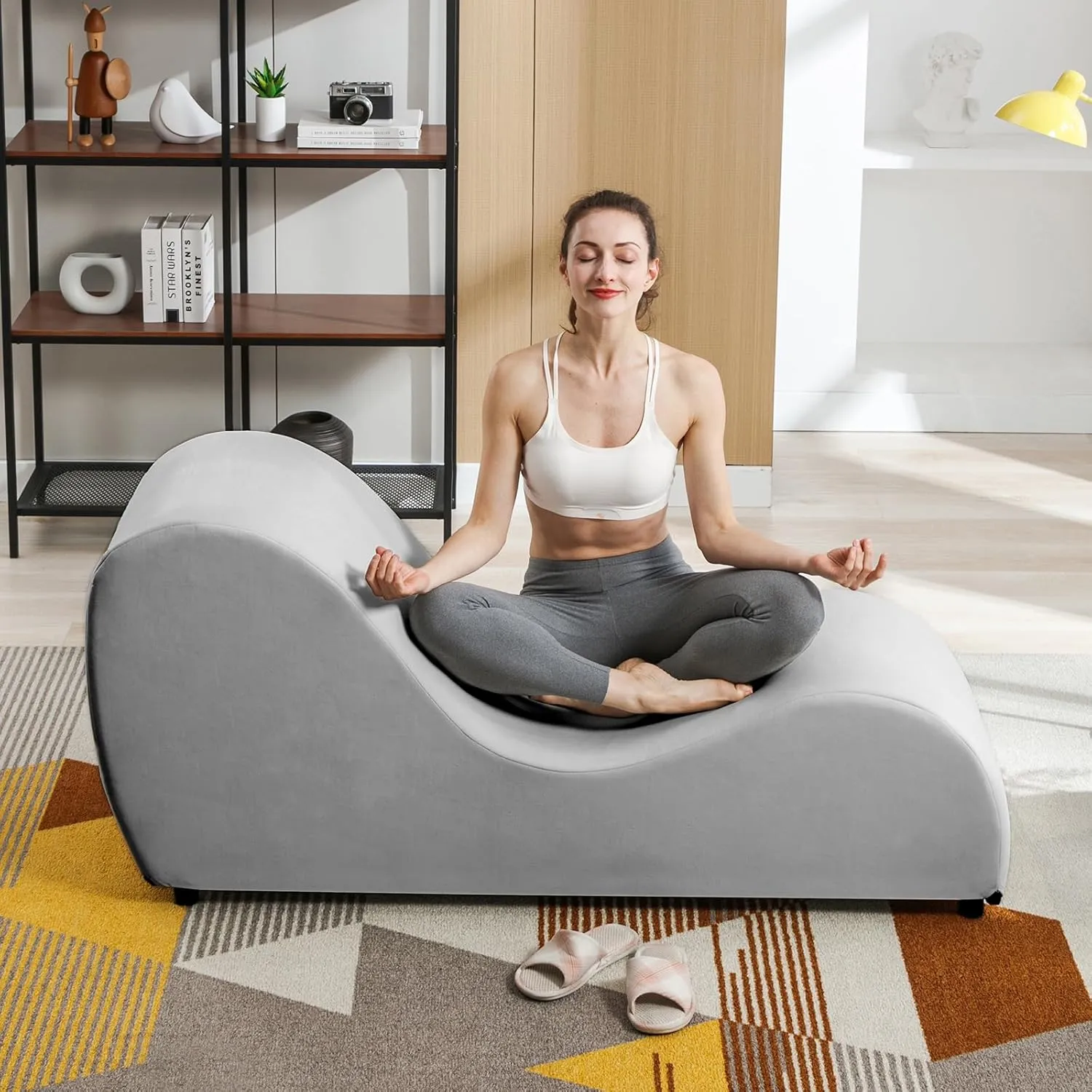 CECER Curved Chaise Lounge Chair for Yoga,Modern Velvet Yoga Chair for Stretching, Relaxing, Exercising, Chaise Lounge Indoor for Indoor Living Room,Bedroom-Light Grey