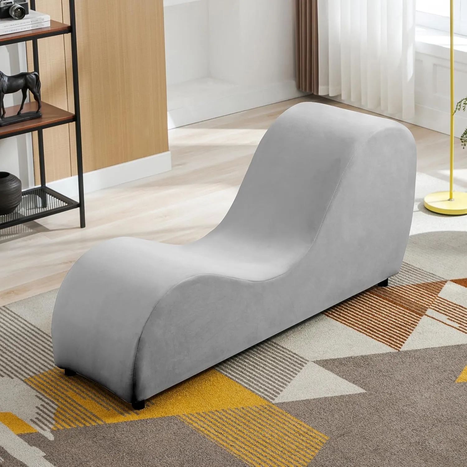 CECER Curved Chaise Lounge Chair for Yoga,Modern Velvet Yoga Chair for Stretching, Relaxing, Exercising, Chaise Lounge Indoor for Indoor Living Room,Bedroom-Light Grey