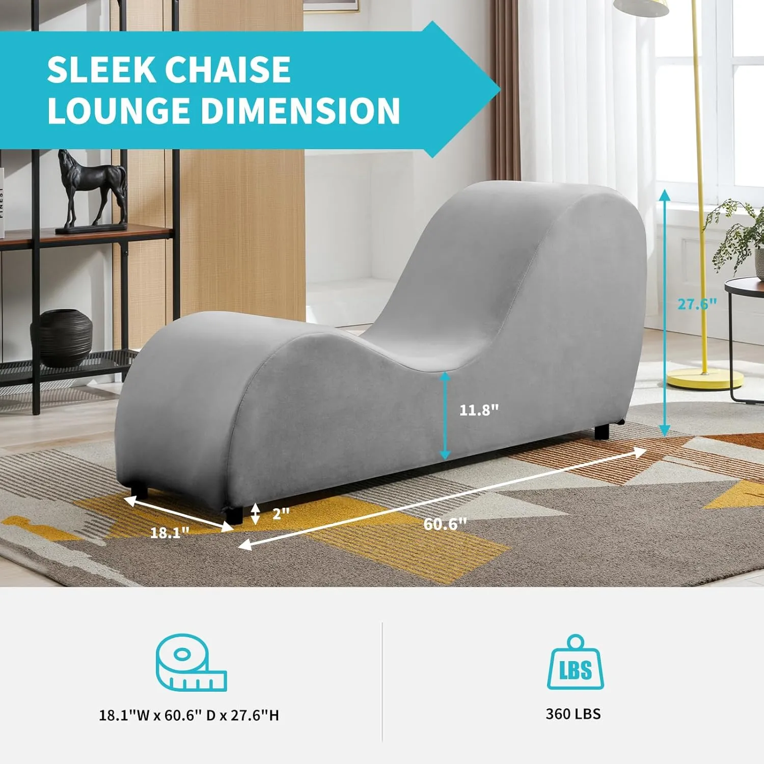 CECER Curved Chaise Lounge Chair for Yoga,Modern Velvet Yoga Chair for Stretching, Relaxing, Exercising, Chaise Lounge Indoor for Indoor Living Room,Bedroom-Light Grey