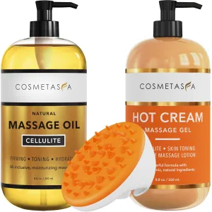 Cellulite Massage Oil, Gel & Mitt - Natural Hot Cream Massage Gel, Oil & Massager - Firm, Tone, Tighten & Moisturize Skin. Soothes Muscles (8.8 oz.)