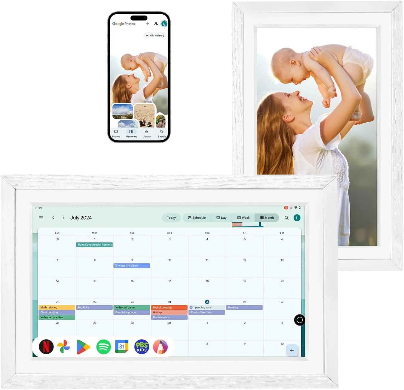 Changing 15.6" Wall Digital Calendar F16s丨Touchscreen Digital Picture Frame丨Chore Chart丨Google Calendar&Smart HomeHub&VoiceAssistant&PortableTV&MusicSpeaker丨Smart display丨Gift for Family (White Wood)