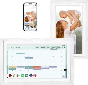Changing 15.6" Wall Digital Calendar F16s丨Touchscreen Digital Picture Frame丨Chore Chart丨Google Calendar&Smart HomeHub&VoiceAssistant&PortableTV&MusicSpeaker丨Smart display丨Gift for Family (White Wood)