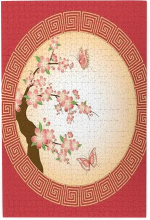 Cherry Blossom,Puzzle Board,Portable Wooden Jigsaw Puzzle for Adults,Cherry Blossom Butterflies in Circle,Birthday Gift for Family and Friends,Red Plastic Box Storage 1000PCS