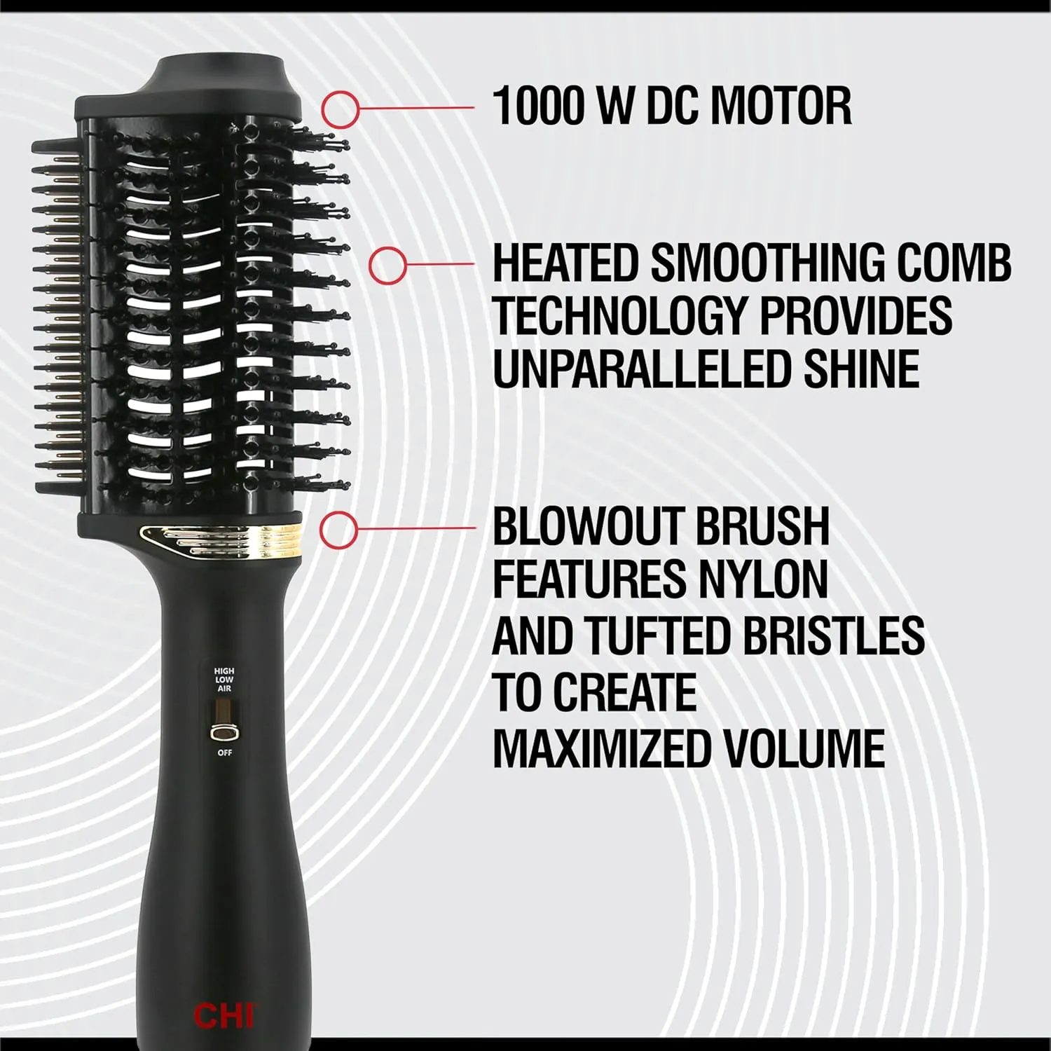 CHI Volume Styler, Blowout Brush for Amplified Volume, Heated Comb to Smoothen & Straighten Hair, 2-in-1 Hair Tool, Black