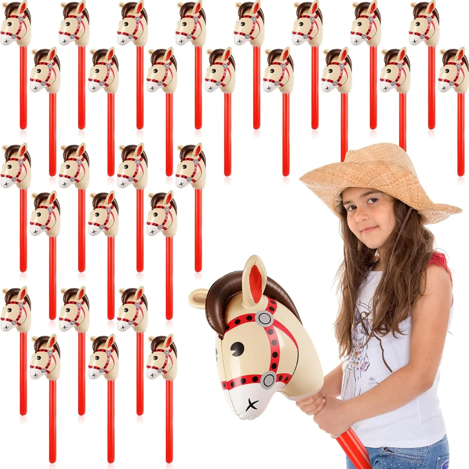 Chivao 30 Pack Inflatable Stick Horse Toy Horse on a Stick Horse Stick Toy Horse Head Stick Balloon Bulk for Cowgirl Cowboy Western Themed Birthday Party Baby Shower Decorations, 37 Inch (Red)