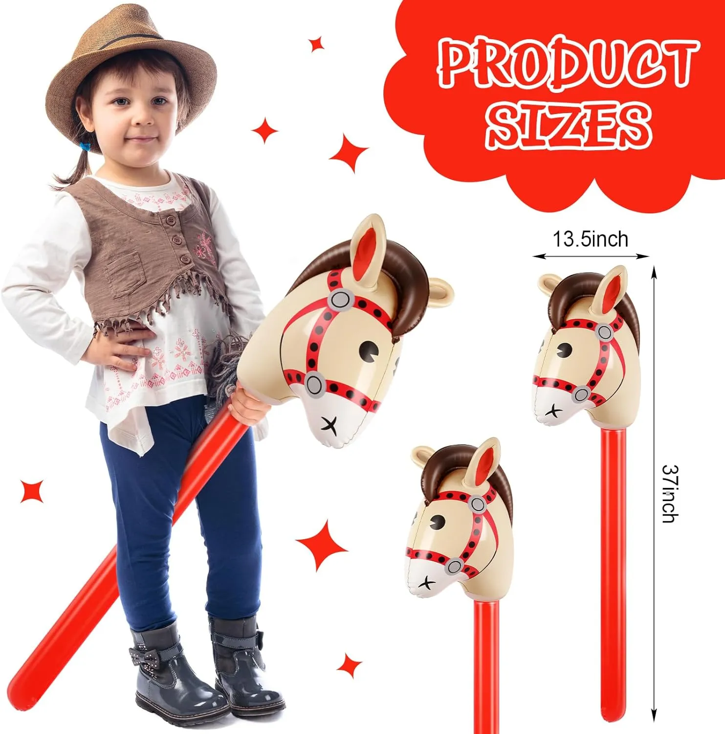 Chivao 30 Pack Inflatable Stick Horse Toy Horse on a Stick Horse Stick Toy Horse Head Stick Balloon Bulk for Cowgirl Cowboy Western Themed Birthday Party Baby Shower Decorations, 37 Inch (Red)