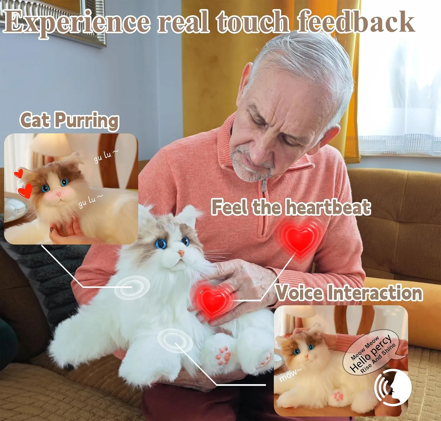 Chongker Interactive Companion Robot Cat Pets, Handmade Stuffed Animals Cat Plush with Voice Response, Realistic Heartbeat and Purring, Gifts for Parents,Seniors,Elderly,Ragdoll Cat,PERCY1.0, White
