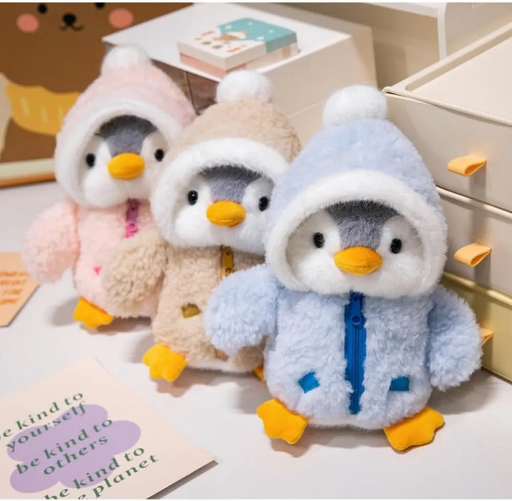 Christmas Plush Stuffed Animal 9.8'' Cute Stuffed Penguin Plush Toy with Fuzzy Fleece Jacket and Hat Little Penguin Plush Doll for Boys and Girls Birthday (Brown)