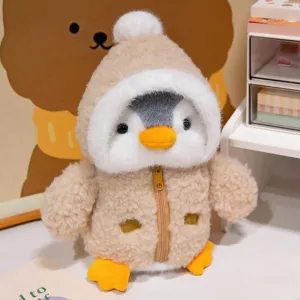 Christmas Plush Stuffed Animal 9.8'' Cute Stuffed Penguin Plush Toy with Fuzzy Fleece Jacket and Hat Little Penguin Plush Doll for Boys and Girls Birthday (Brown)