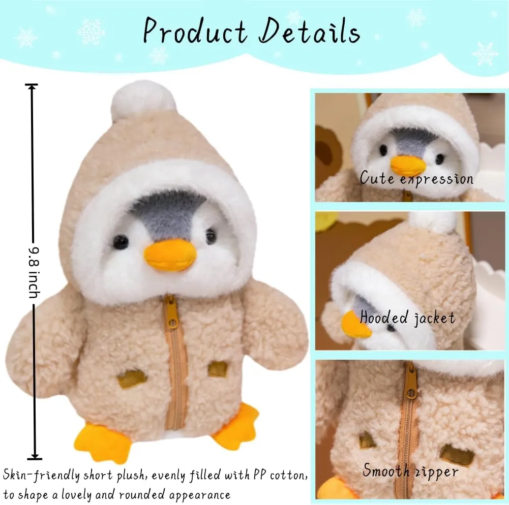 Christmas Plush Stuffed Animal 9.8'' Cute Stuffed Penguin Plush Toy with Fuzzy Fleece Jacket and Hat Little Penguin Plush Doll for Boys and Girls Birthday (Brown)